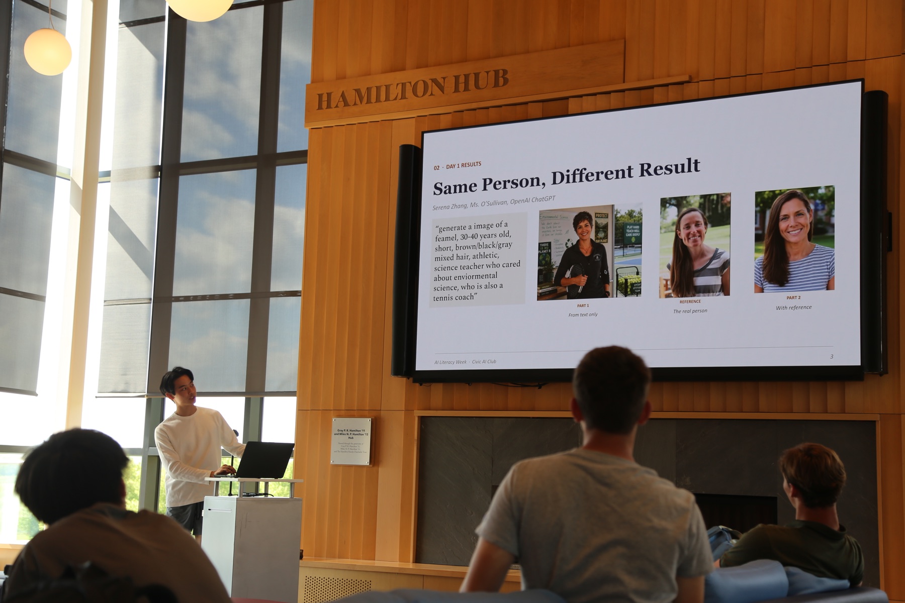 A student presenting an AI literacy exercise to fellow students at Hamilton Hub.