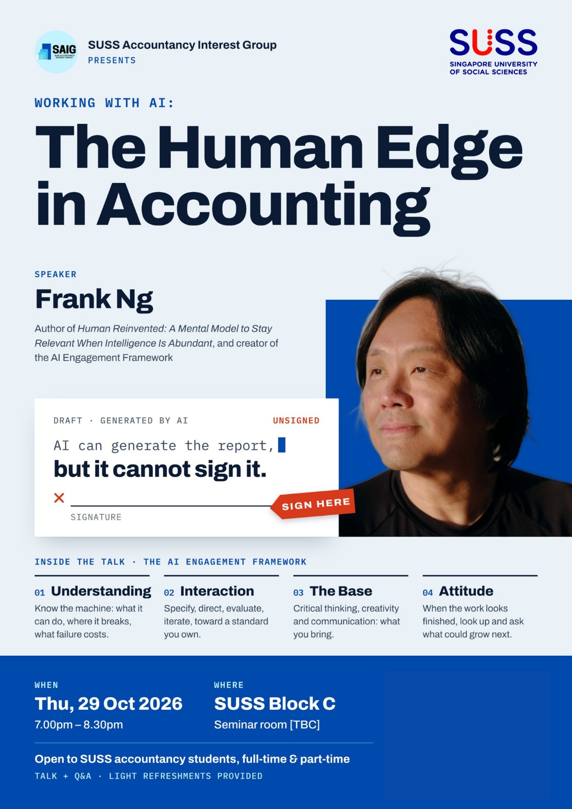 Poster for Frank Ng’s talk Working with AI: The Human Edge in Accounting at Singapore University of Social Sciences